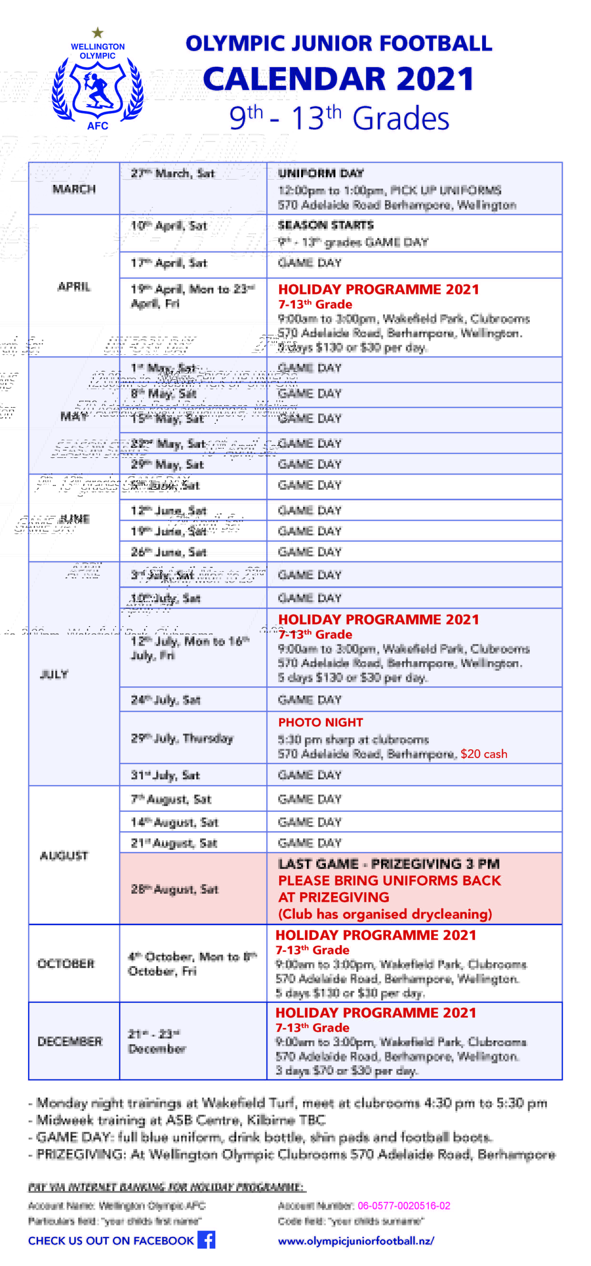 Olympic Juniors Calendar 2021 | 9th - 13th Grades 